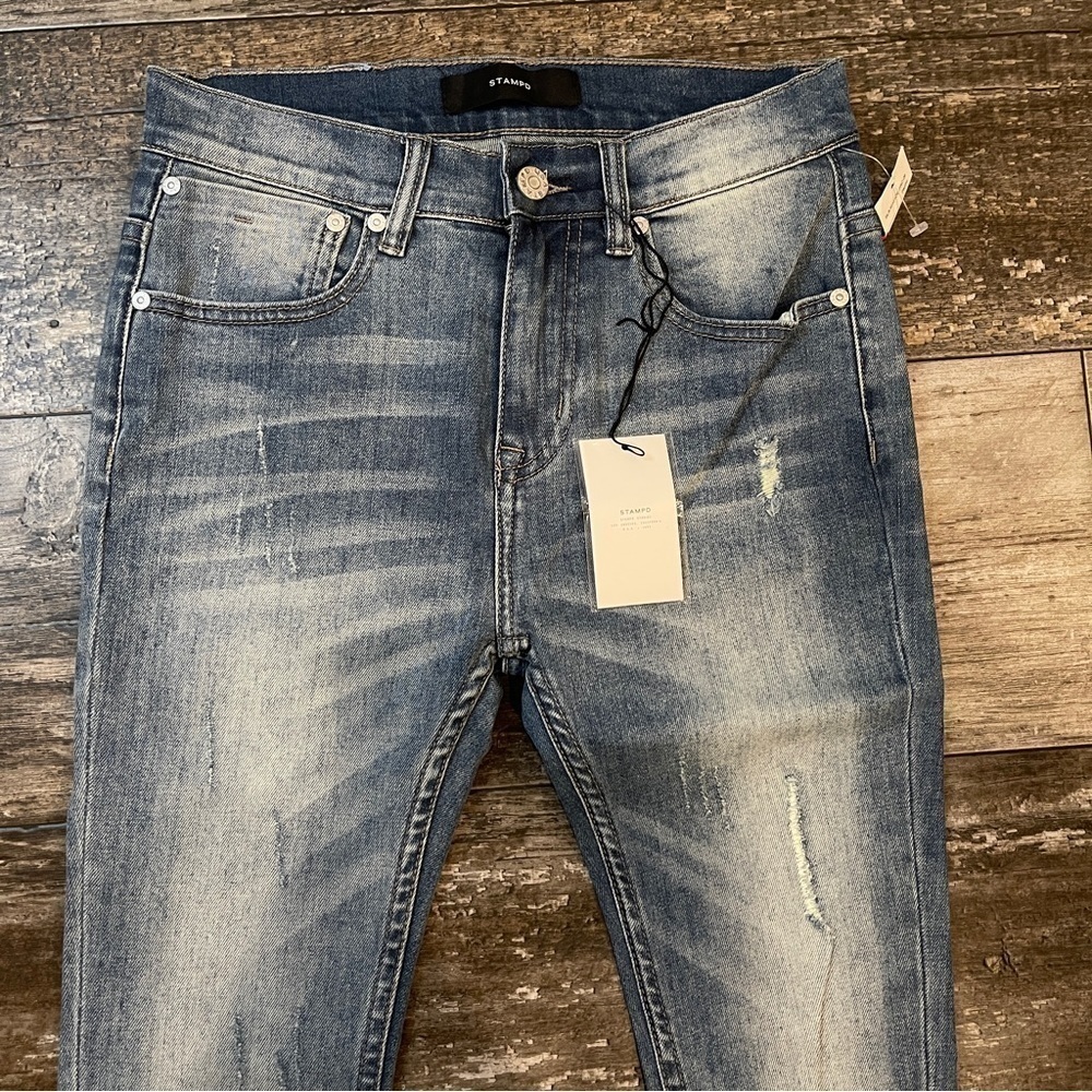 Stampd Jeans Womens Size 28 Pacific Blue Busted Knee Distressed $300 Retail NEW - Picture 4 of 15